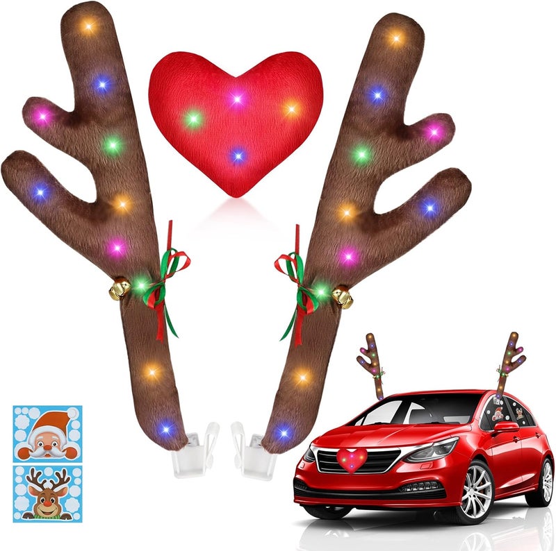 Hydencamm Christmas Reindeer Antlers for Cars with LED Lights, Window Sticker, Jingle Bells, Rudolph Nose - Car Decoration Kit - Image 1
